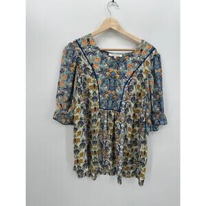 Rose & Olive Floral Blouse Size 1X Blue Peasant Cottagcore Boho Artsy Fall